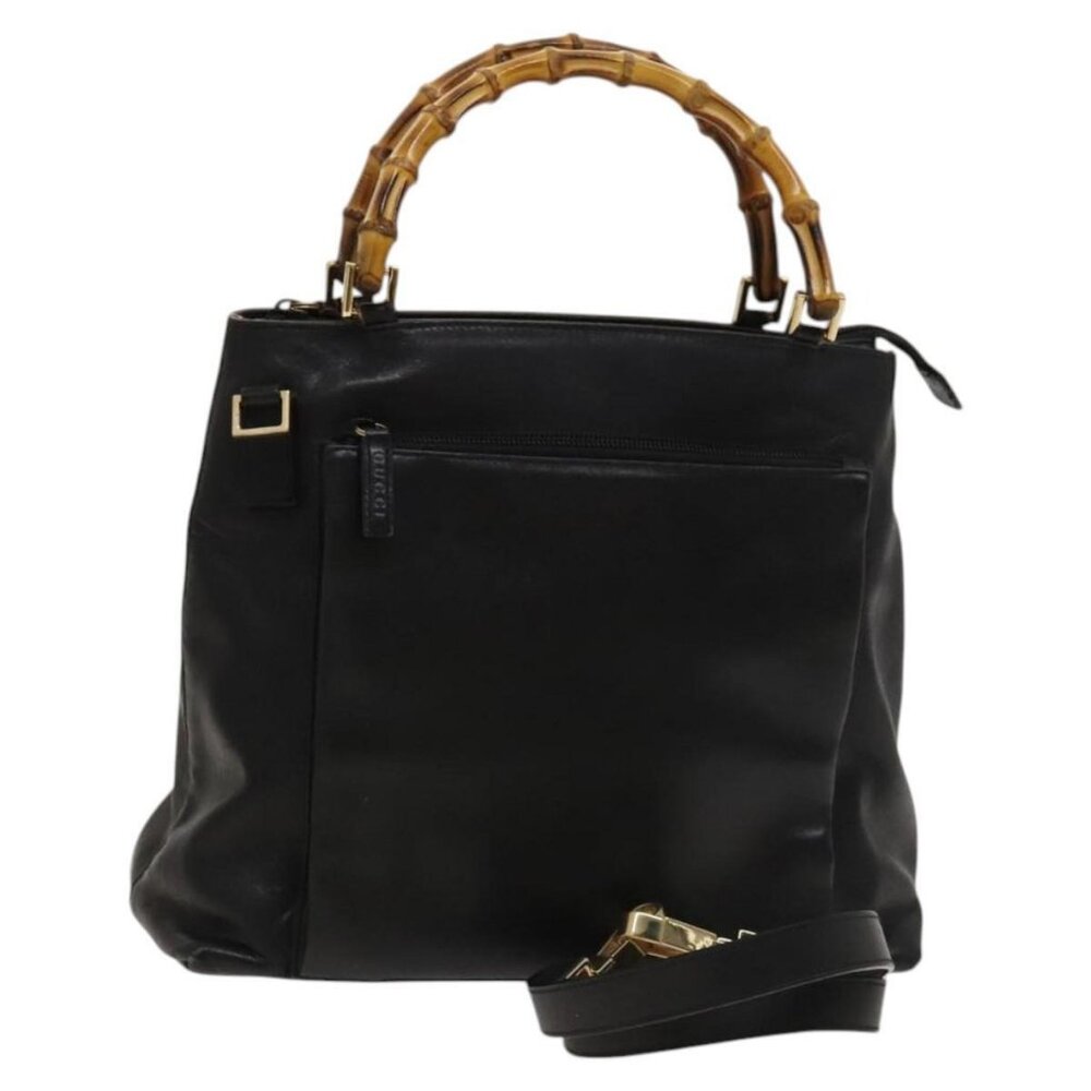 GUCCI Bamboo Hand Bag Leather 2way Black Gold - Picture 2 of 16